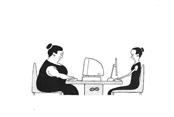 Wall Art - Drawing - Large And Thin Women At Large And Thin Computers by Gordon Gurvan