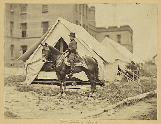 Wall Art - Painting - Major-General Joseph Hooker, full-length portrait, seated on horse, facing left, wearing military uniform, two tents and large building in the background by