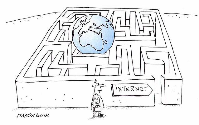 Wall Art - Drawing - Man About To Enter A Maze With A Arrow Saying 'internet' by Martin Guhl