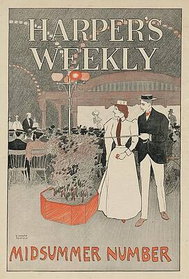 Wall Art - Painting - Man And Woman Sit In A Crowded Cafe Looking Over A Crowd by Edward Penfield