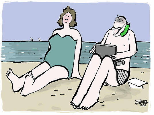 Wall Art - Drawing - Man On A Beach With A Mobile Phone And A Laptop by Jan Zandstra