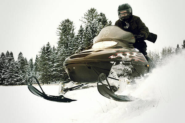 Wall Art - Photograph - Man Riding Snowmobile On Snow Field In Forest by Cavan Images