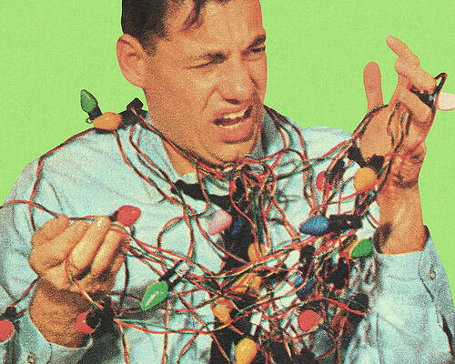 Wall Art - Drawing - Man With Tangled Christmas Lights by CSA Images