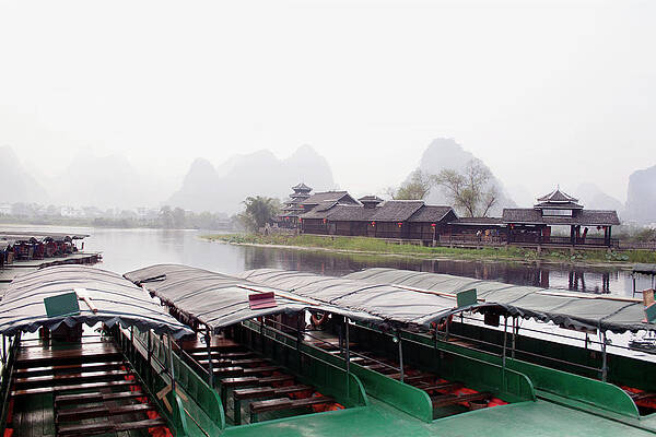 Many Chinese Boats On Small River Print by Nathalie Daoust