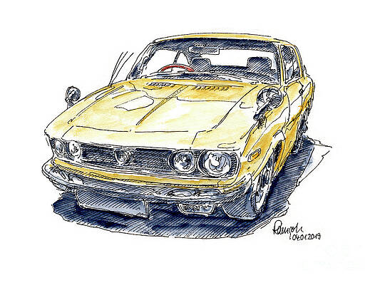 Wall Art - Drawing - Mazda RX87 Luce R130 Classic Car Ink Drawing and Watercolor by Frank Ramspott