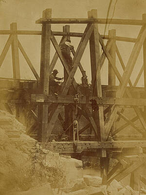 Wall Art - Painting - Military railroad operations in northern Virginia: two men boring holes in bridge trestles and man with Haupt's Torpedo by