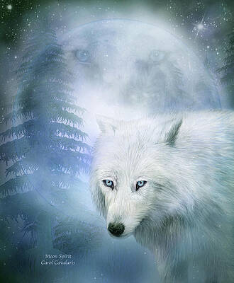 Wall Art - Mixed Media - Moon Spirit 1-White Wolf - Blue  by Carol Cavalaris