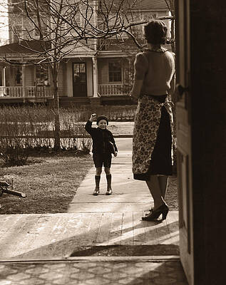 Wall Art - Photograph - Mother On Porch Seeing Son 4-6 Off To by Fpg