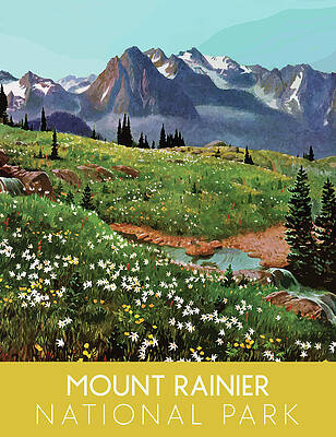 Wall Art - Drawing - Mount Rainier Alpine Meadow Bliss by Curtis Licensing