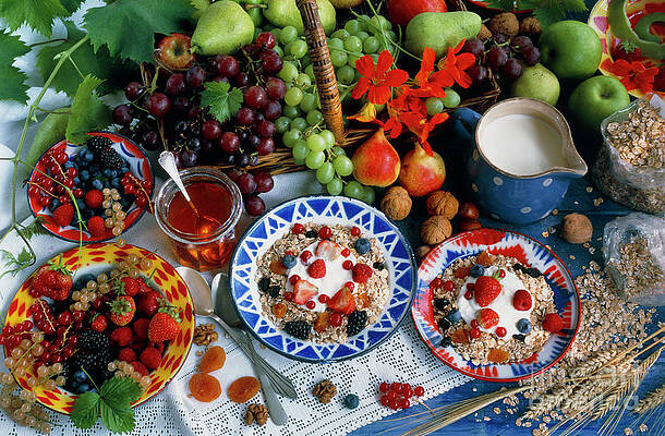 Wall Art - Photograph - Muesli And A Selection Of Fruits And Nuts by Science Photo Library