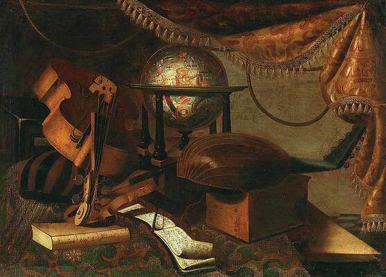 Wall Art - Painting - Musical Instruments, A Globe, Book And Music Sheets by School Of Bergamo