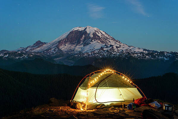 Wall Art - Photograph - Night View Of Backpacking Tent With String Lights And Mt Rainier by Cavan Images