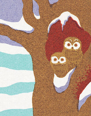 Wall Art - Drawing - Owls in a snowy tree by CSA Images