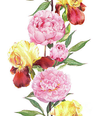 Peony And Iris Flowers. Seamless Border Print by Zzorik