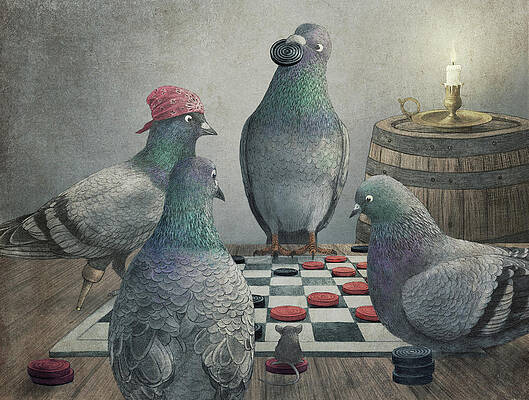 Wall Art - Drawing - Pigeons Playing Checkers by Eric Fan