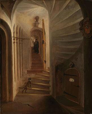 Wall Art - Painting - Portal of a stairway tower, with a man descending the stairs presumably the moment before the as... by Egbert Lievensz van der Poel -attributed to-