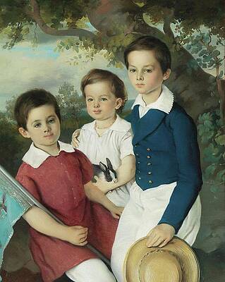 Wall Art - Painting - Portrait Of Three Children With Rabbit by Circle Of Joseph Weidner