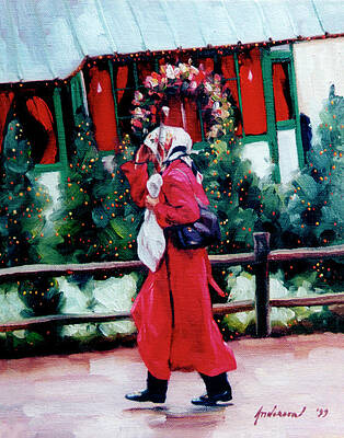 Wall Art - Painting - Red Coat & Santa House by Robin Anderson