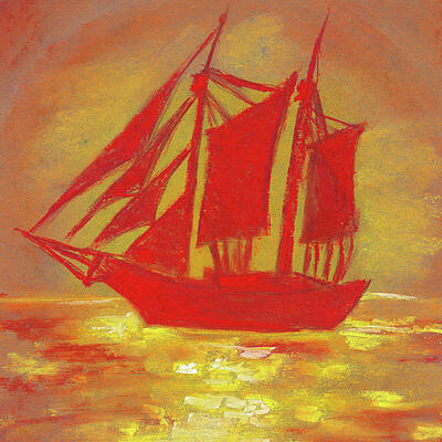 Wall Art - Drawing - Red Sailboat in the sea At sunset by Elena Sysoeva