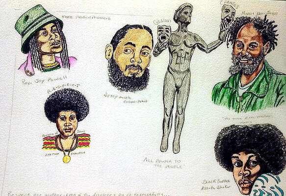 Wall Art - Drawing - Rev. Powell, Nipsey, Mumia, Aretha, and Assata  by Joedee