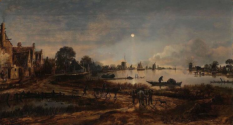 Wall Art - Painting - River View by Moonlight. by Aert van der Neer -mentioned on object-