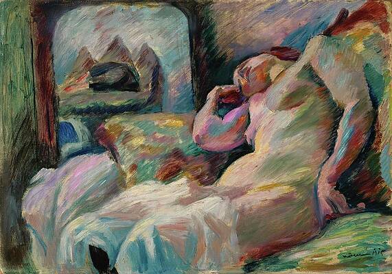 Wall Art - Painting - Schlafender weiblicher Akt vor einem Spiegel -Sleeping nude in front of a mirror-. -1915-. by Franz Noelken