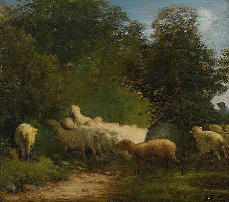 Wall Art - Painting - Sheep Grazing Along A Hedgerow by Jean-francois Millet