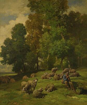 Wall Art - Painting - Shepherd In A Field With His Flock by Charles Emile Jacque