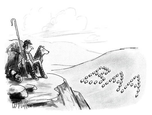 Wall Art - Drawing - Shepherd Looks Down In Valley To See Sheep Formed Into by Warren Miller