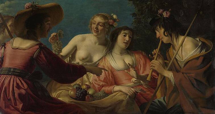 Wall Art - Painting - Shepherd Playing the Flute, and four Shepherdesses. Shepherd Playing the Flute, and four Nymphs. ... by Gerard van Honthorst -mentioned on object-