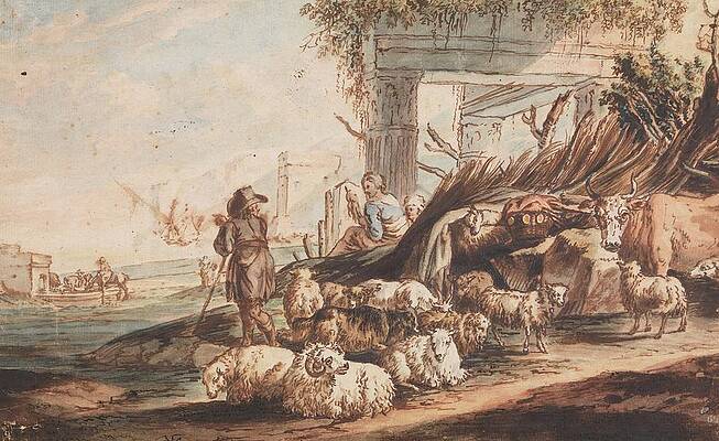 Wall Art - Painting - Shepherd With A Flock Of Sheep And A Cow Among Ruins by Jan Baptist Weenix