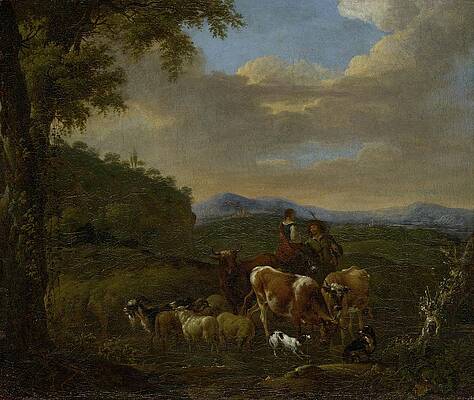 Wall Art - Painting - Shepherds With Cows, Sheep And Goats by Johan Le Ducq