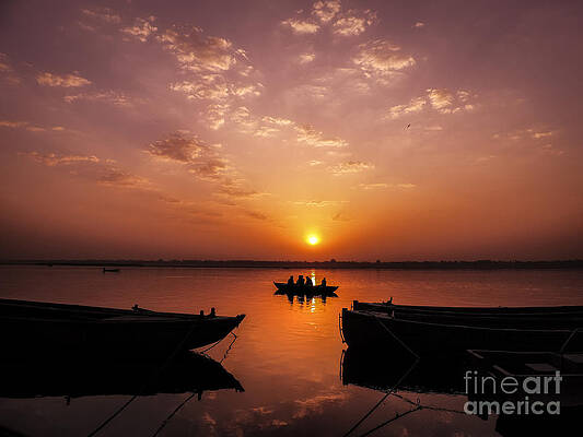 Silhouette Of Sailing Boat On Ganges Print by Shivam Dwivedi