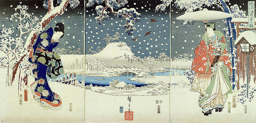 Wall Art - Painting - Snow Scene In The Garden Of A Daimyo Triptych by Utagawa Hiroshige And Kunisada