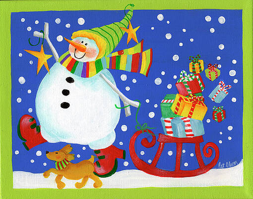 Blue Christmas Snowman Bunnies Child Sledding Full Moon  Wall Art Print 
