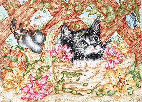Paintings, Original drawing kitten in its basket. Acrylic paint on thick  paper., Page 88, Modern and Contemporary Art