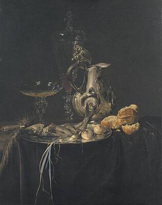 Wall Art - Painting - Still Life. Breakfast Piece With A Silver Jug by Willem Van Aelst
