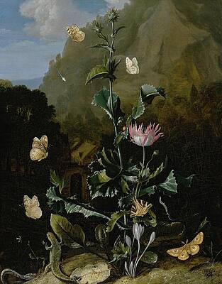 Wall Art - Painting - Still Life Of A Thistle And Other Flowers Surrounded by Otto Marseus Van Schrieck