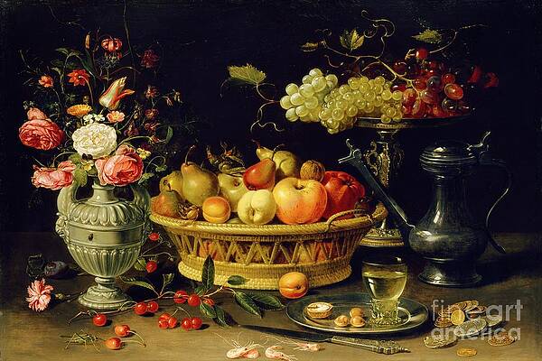 Wall Art - Drawing - Still Life Of Fruit And Flowers by Heritage Images