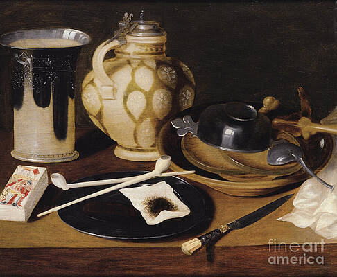 Wall Art - Painting - Still Life With A Pipe, A King Of Diamonds, A Knife And A Pitcher, C 1650 by Anonymous