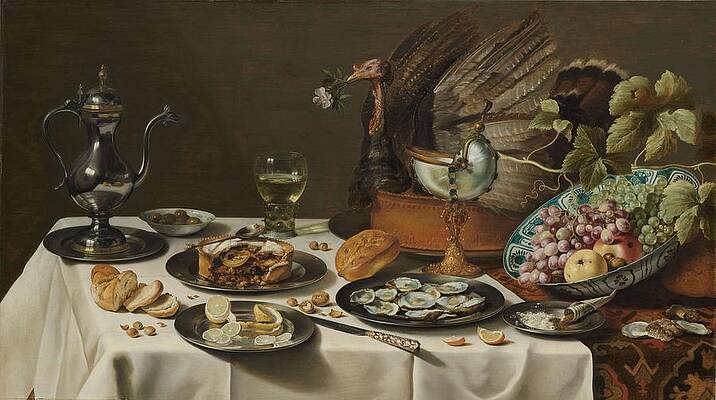 Wall Art - Painting - Still Life with a Turkey Pie. Still Life with Turkey Pie. by Pieter Claesz -mentioned on object-