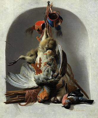 Wall Art - Painting - Still Life With Birds And Hunting Gear In A Niche by Melchior D'hondecoeter