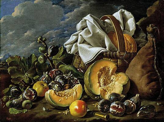 Wall Art - Painting - 'Still Life with Figs, Wicker Basket, Pumpkin, and Bread', Late 18th centu... by Luis Melendez -1716-1780-