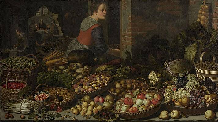 Wall Art - Painting - Still Life with Fruit and Vegetables, with Christ at Emmaus in the background. by Floris van Schooten Floris Claesz van Dijck -rejected attribution-