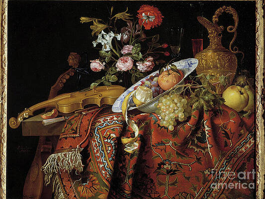 Wall Art - Painting - Still Life With Violin And Aquamarine, 17th Century (oil On Canvas) by Jacques Samuel Bernard