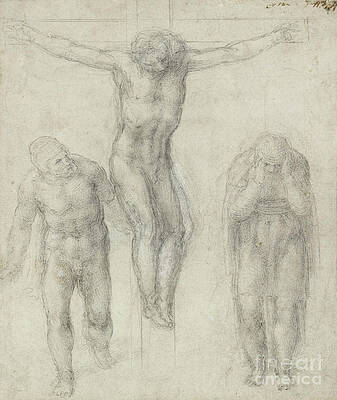 Wall Art - Painting - Study Of A Crucified Christ And Two Figures By Michelangelo by Michelangelo Buonarroti