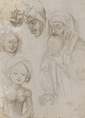 Wall Art - Drawing - Study Sheet With Two Half-figures And Four Heads by Caspar Isenmann