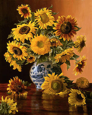 Wall Art - Painting - Sunflowers In A Blue Willow Vase by Christopher Pierce