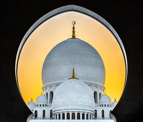 SC964 Blue Yellow Grand Mosque Sunset Landscape White Wall Art Picture Prints 