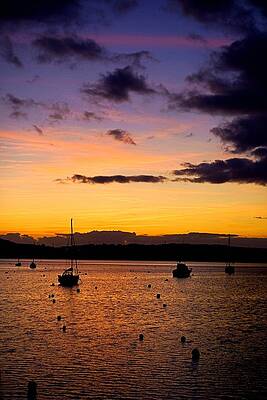 Sunset With Boats Print by Kay Maguire